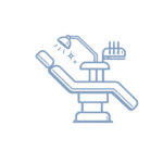 Icono minimalista de sillón dental con lámpara en color azul 6D8B9F que representa instalaciones cómodas y seguras en clínica dental en Tula de Allende.