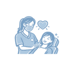 Icono minimalista en color azul 6D8B9F de odontóloga brindando atención cercana y amable a paciente, representando trato cálido y humano en clínica dental.