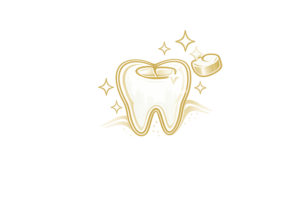 Icono dental en contorno dorado con incrustación y destellos, diseño elegante y limpio con fondo transparente.