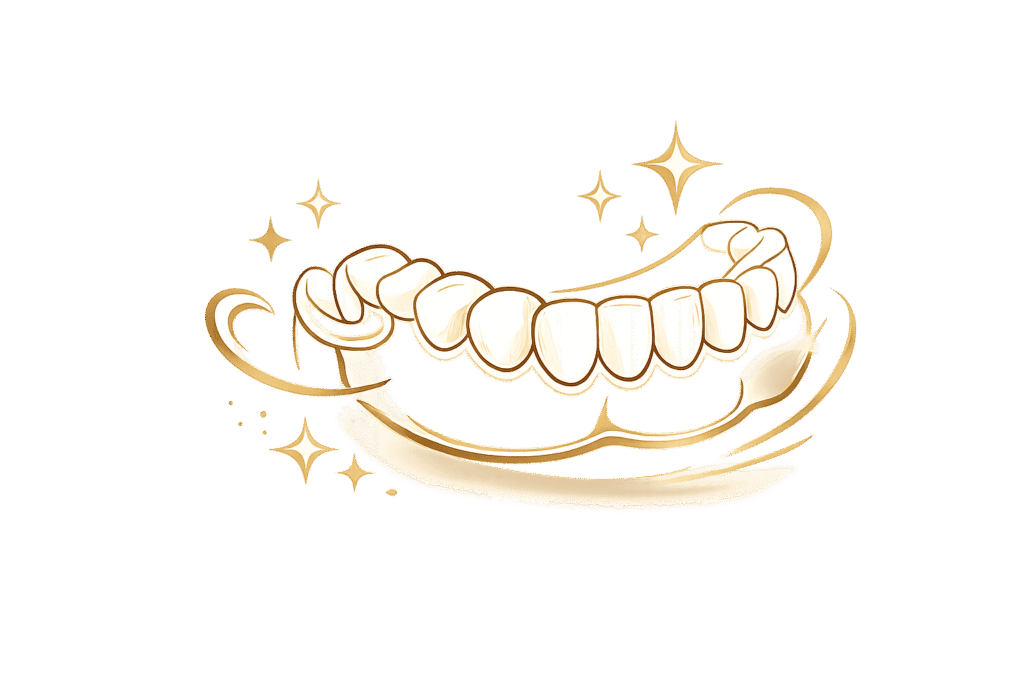 Ilustración de prótesis dental parcial en estilo dorado metálico, diseño limpio y elegante con fondo transparente.