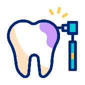 Icono animado de diente con restauración de resina dental estética en clínica odontológica..
